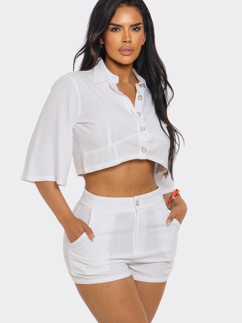 Cropped Button-Front White Linen Set - Picture 3 of 5